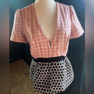 Anthropologie Peplum Top Size 2 Pink Embroidered Polka Dot Waist Tie Mixed Print